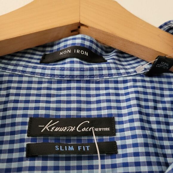 Kenneth Cole New York Blue Gingham Button Down Shirt Slim Fit Non Iron 17 1/2 34 - Picture 4 of 8